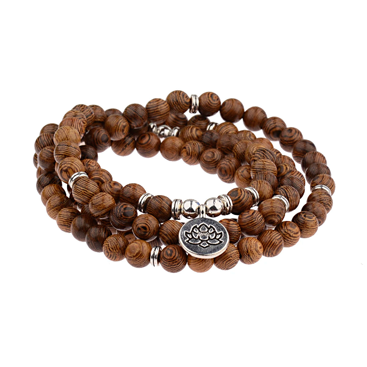 Wood Bead Buddha Om Lotus Charm Bracelet | Tibetan Mala Yoga Bracelet