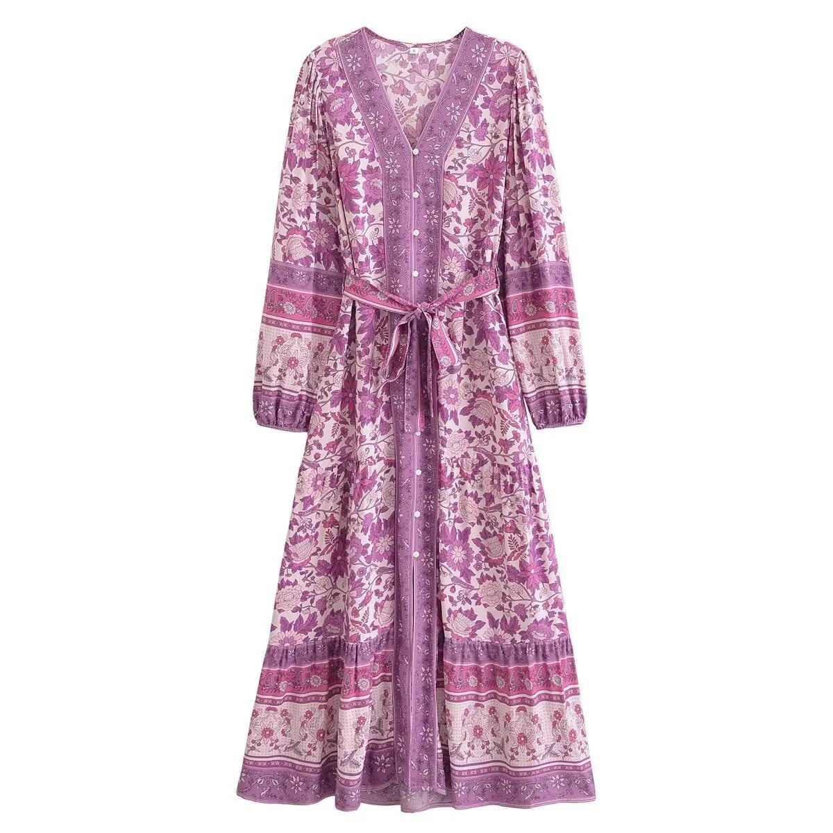 Floral Print Boho Maxi Dress – Long Sleeve Button Front
