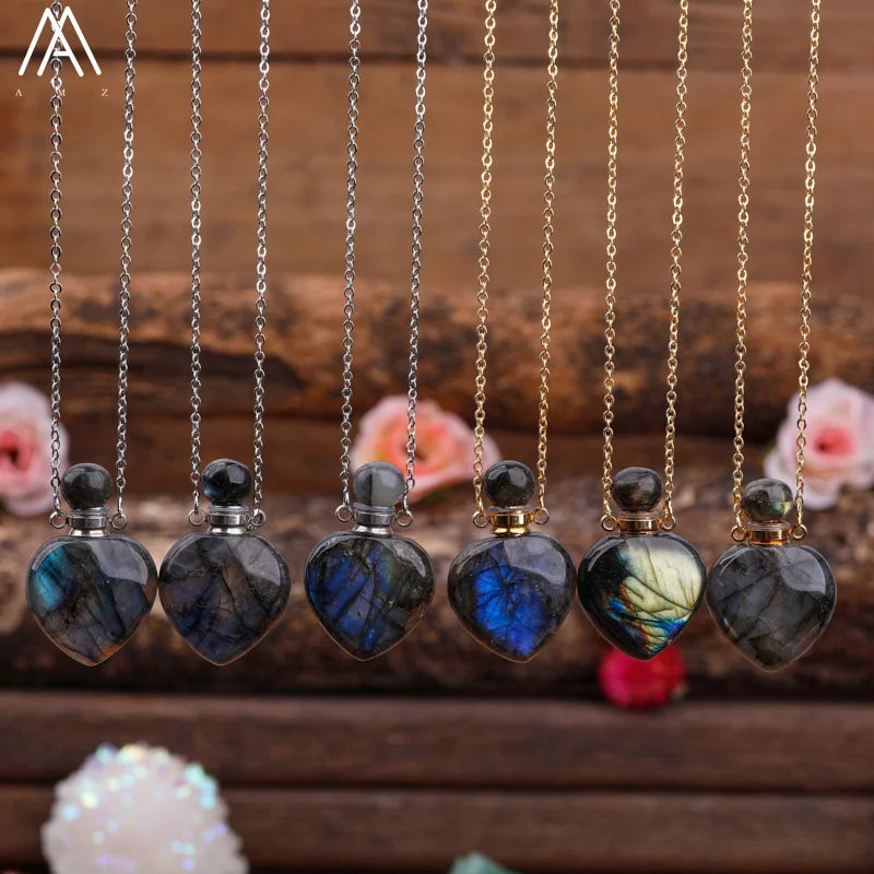 Natural Gemstone Perfume Bottle Pendant Necklace — Crystal Healing Jewelry