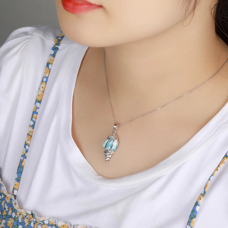 Larimar Spiral Shell Pendant Necklace, 925 Sterling Silver