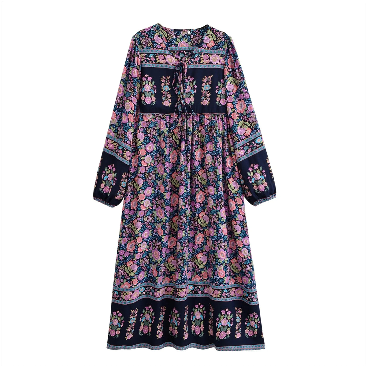 Boho Ethnic Floral Lantern Sleeve Maxi Dress