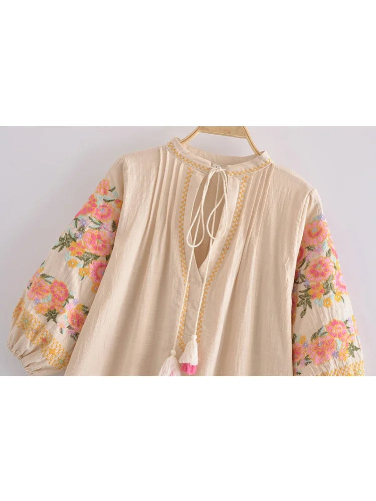 Boho Floral Embroidery Cotton-Linen Mini Dress