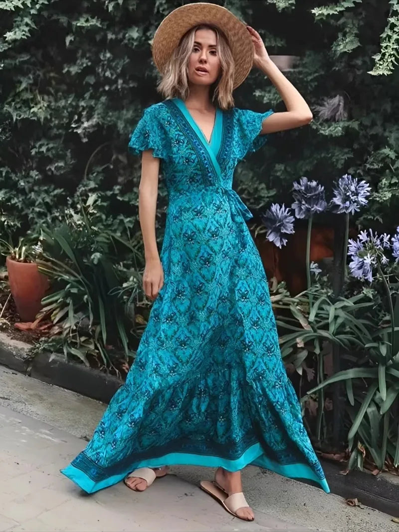Floral Wrap Maxi Dress with Bow Tie
