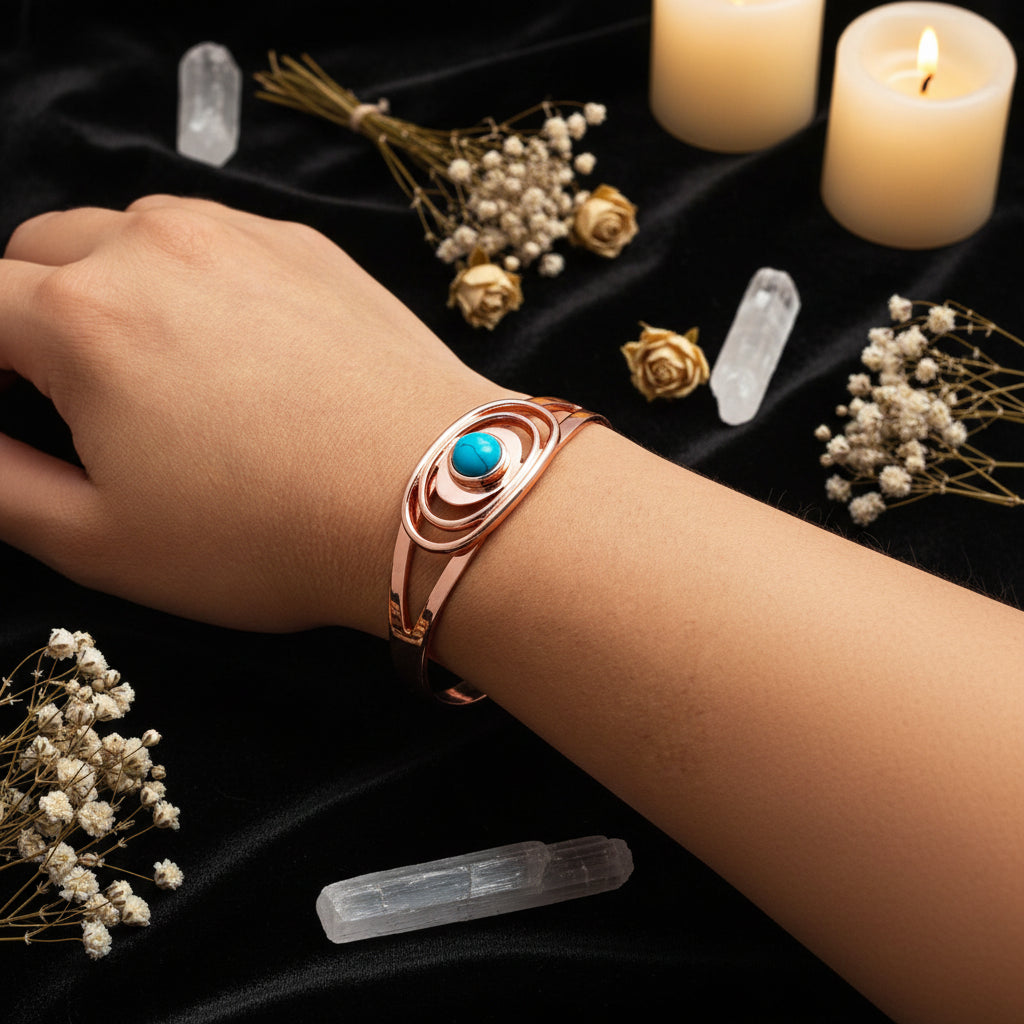 Copper Cuff Bracelet with Blue Stone | Adjustable Healing Bangle