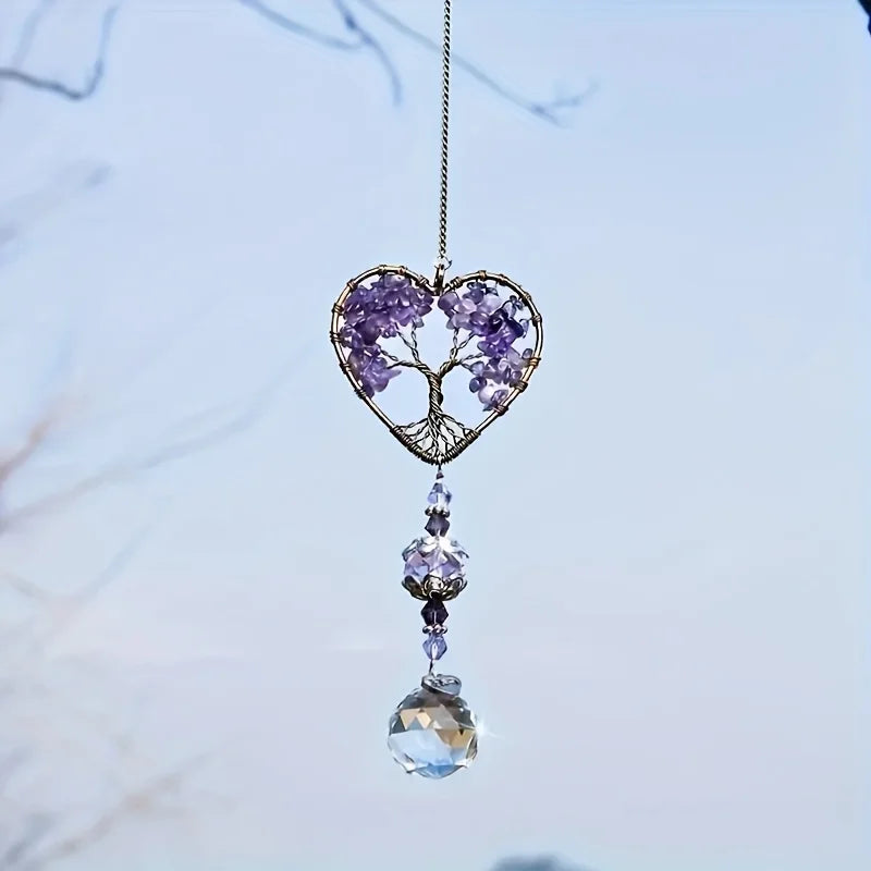 7 Chakra Tree of Life Crystal Heart Suncatcher with Rainbow Prism Ball