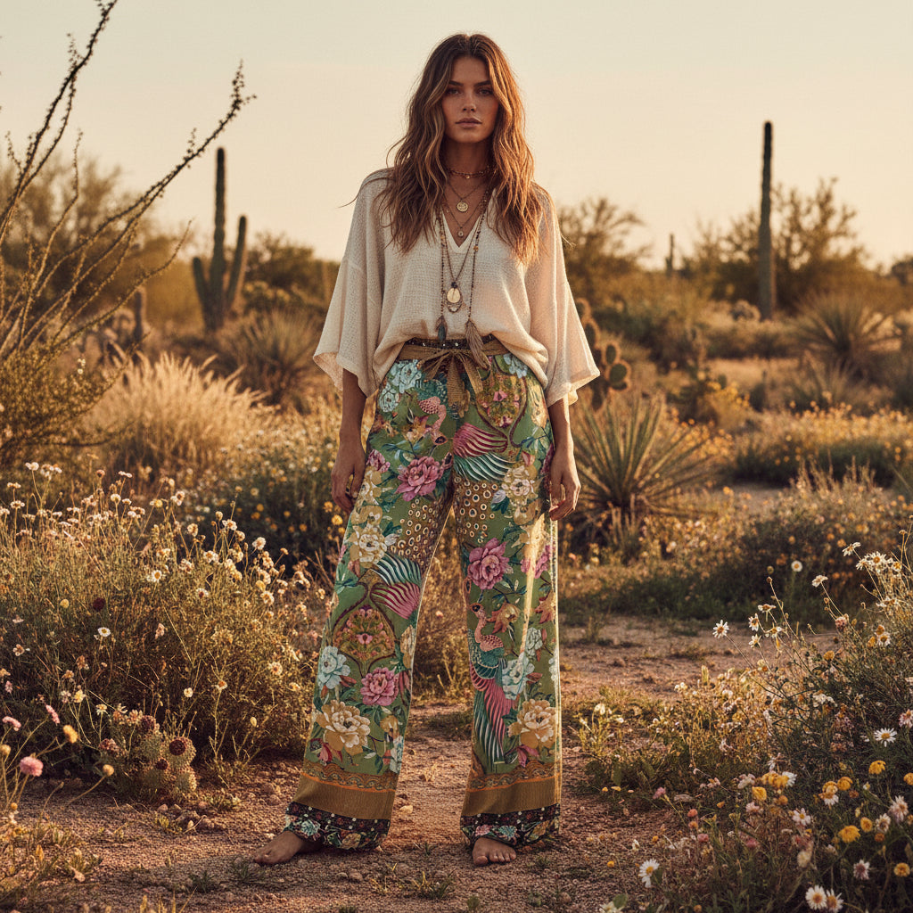 Peacock Floral Wide Leg Pants