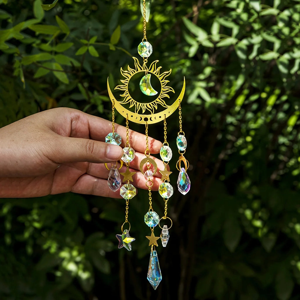 Star & Moon Suncatcher Pendant | Celestial Crystal Rainbow Maker for Windows & Gardens