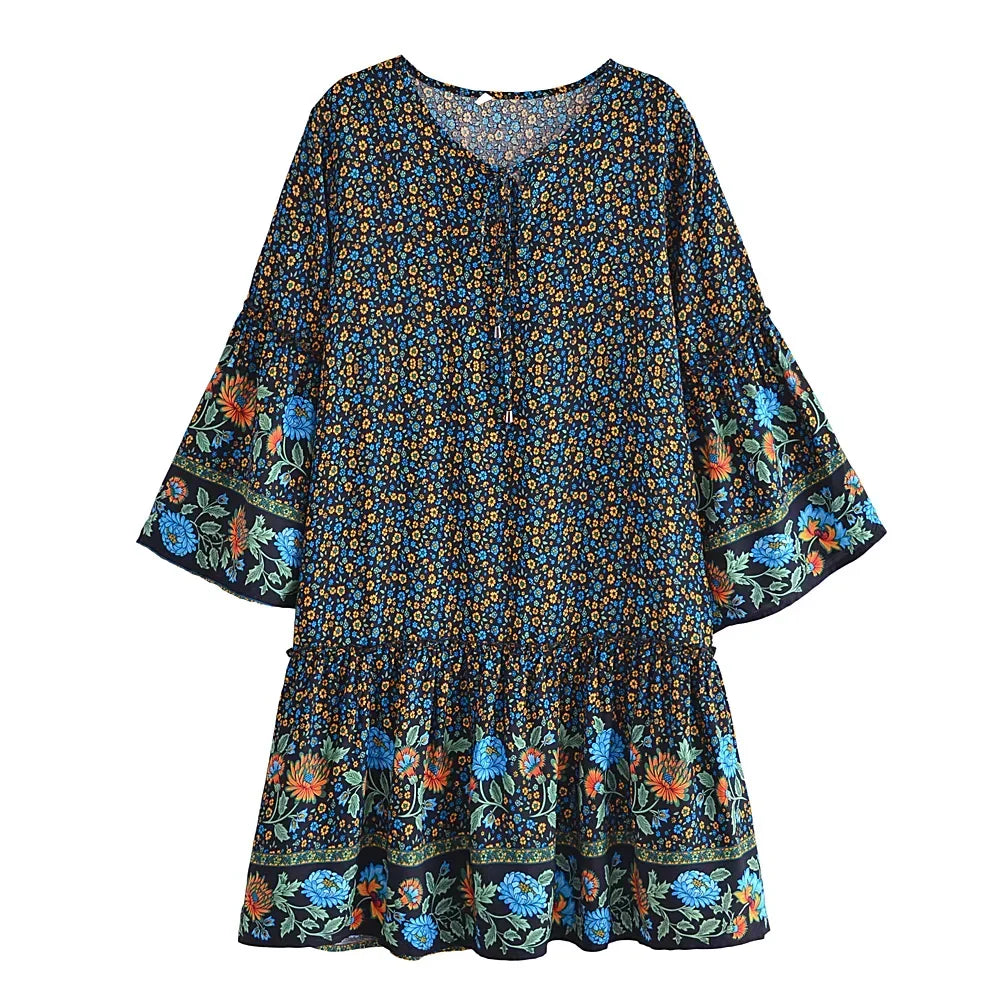 Wild Floral Tie-Neck Ruffle Boho Mini Dress