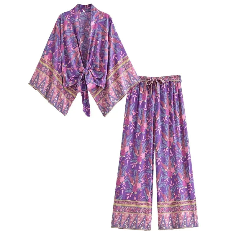 Purple Floral Kimono Boho Set – Wide Leg Pants & Kimono Top
