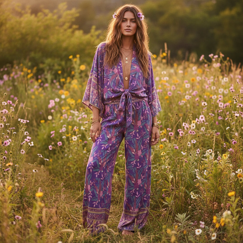 Purple Floral Kimono Boho Set – Wide Leg Pants & Kimono Top