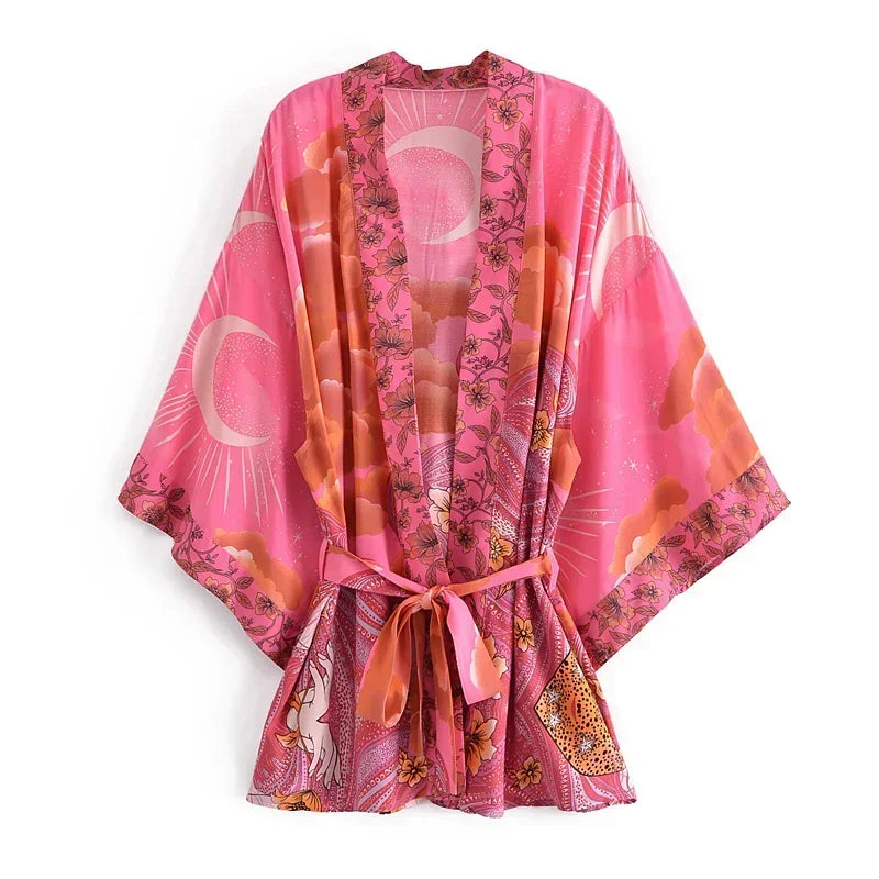Star & Moon Floral Batwing Kimono Robe