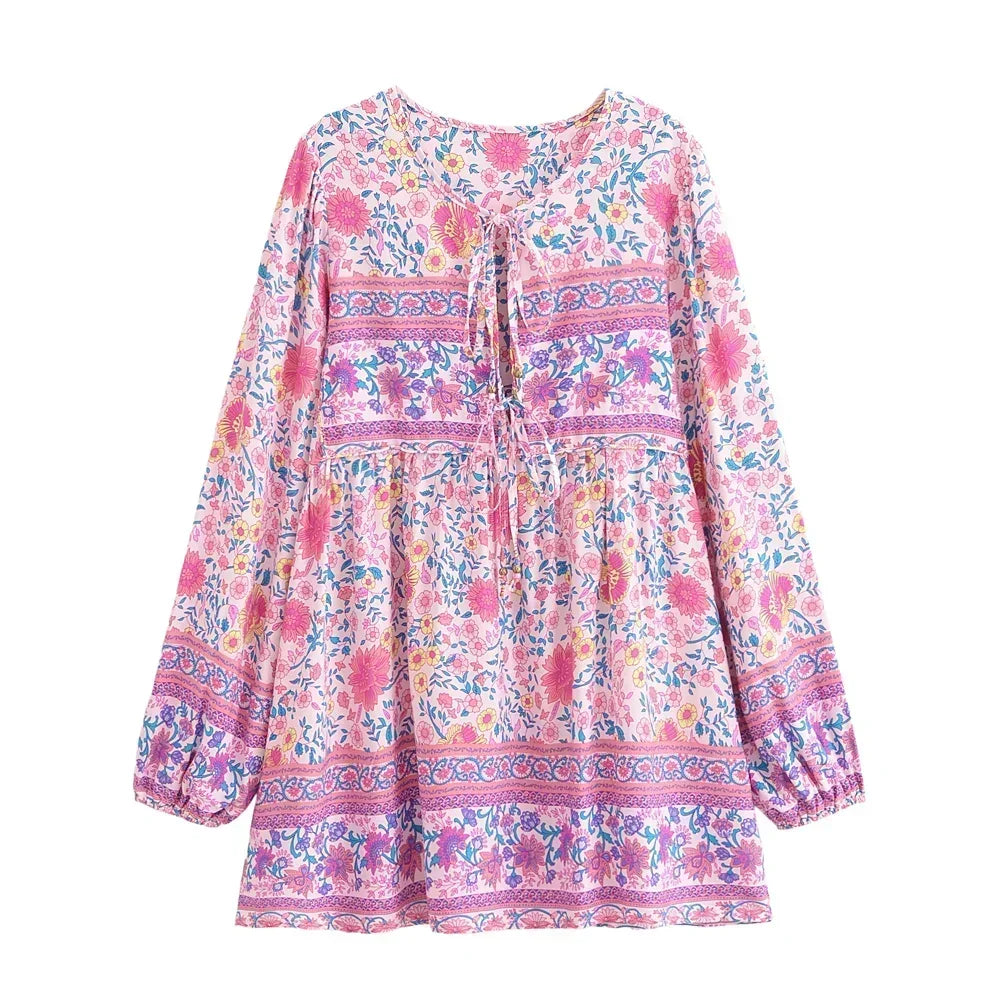 Floral Lantern Sleeve Boho Mini Dress