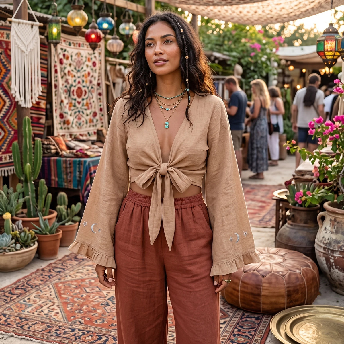 Embroidered Tie-Front Crop Kimono