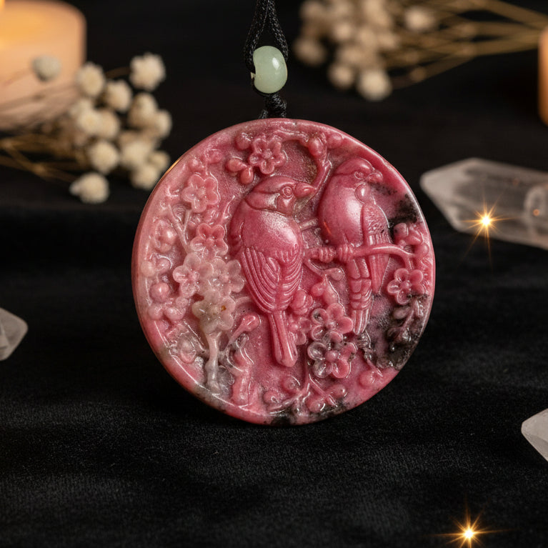Rhodonite Hand-Carved Bird Pendant Necklace | Natural Gemstone