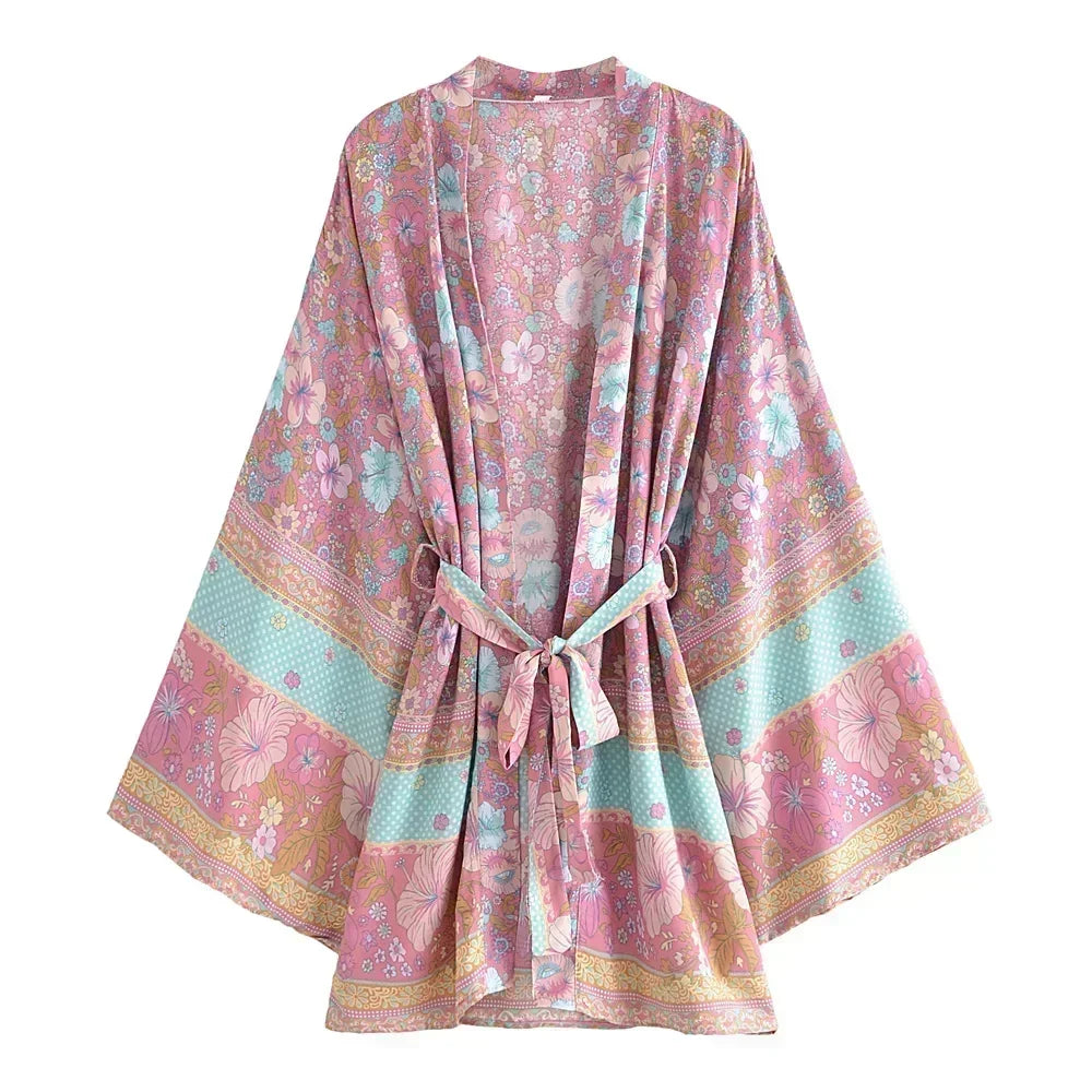 Boho Pastel Fantasy Floral Short Kimono Robe