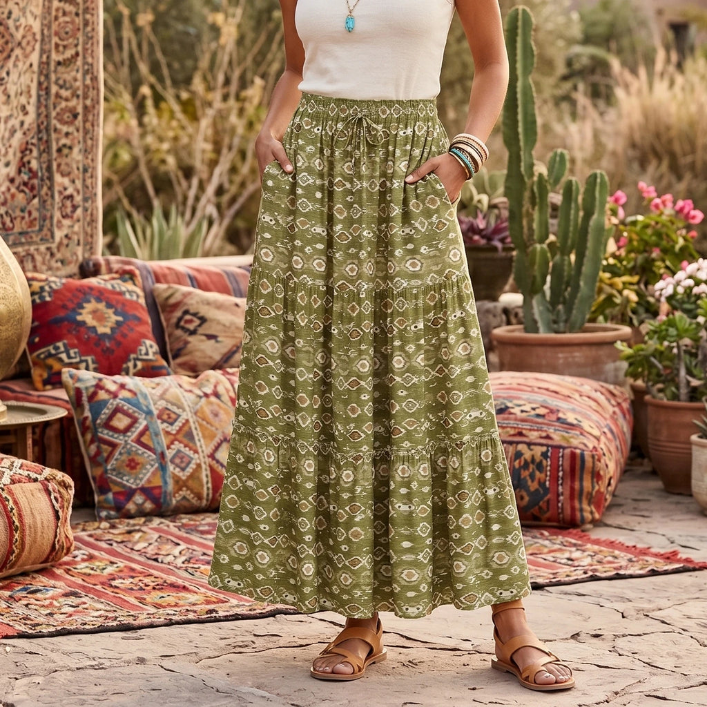 Boho Geometric Floral Maxi Skirt