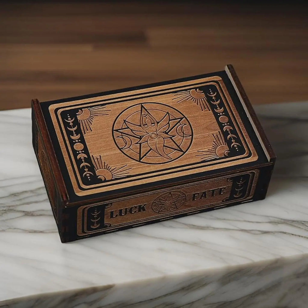 Wooden Tarot Card Storage Box | Engraved Sliding Lid | Choose Your Design