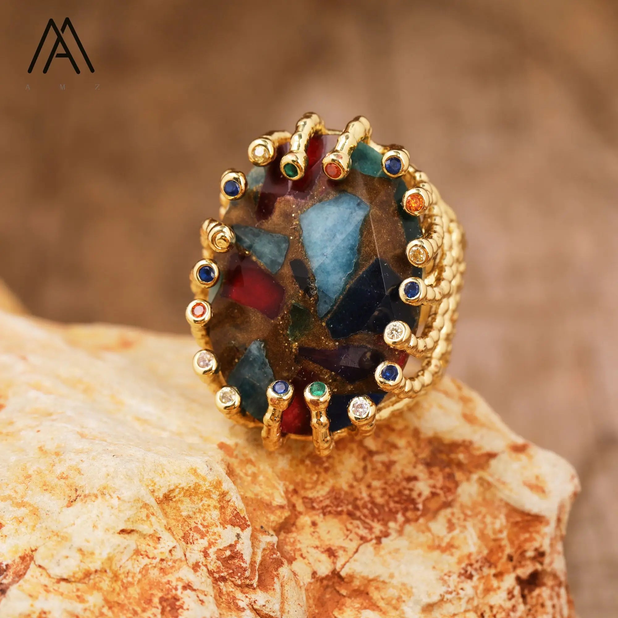 18K Gold-Plated Natural Gemstone Statement Ring – Healing Crystal Jewelry