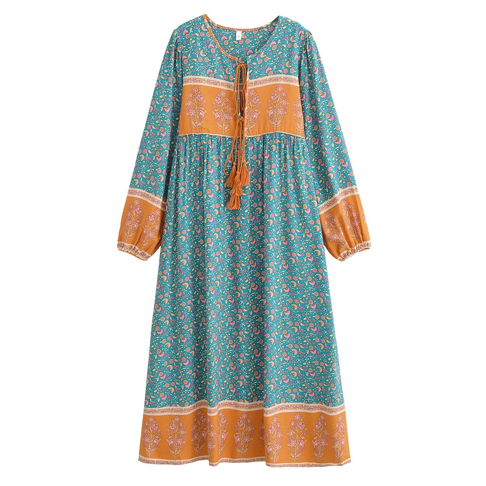 Floral Tassel-Tie Long-Sleeve Boho Dress