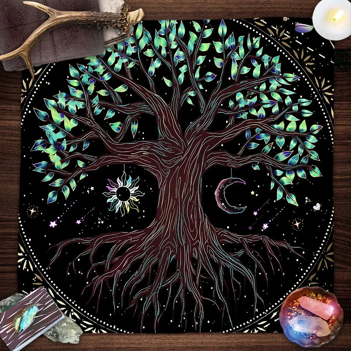 Tree of Life & Moon Phase Altar Cloth – Sacred Geometry Tarot Spread Mat