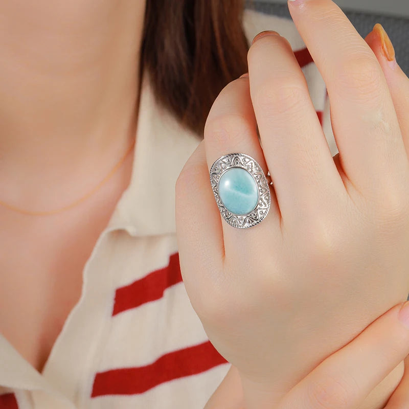 Larimar Ornate Geometric Statement Ring in 925 Sterling Silver