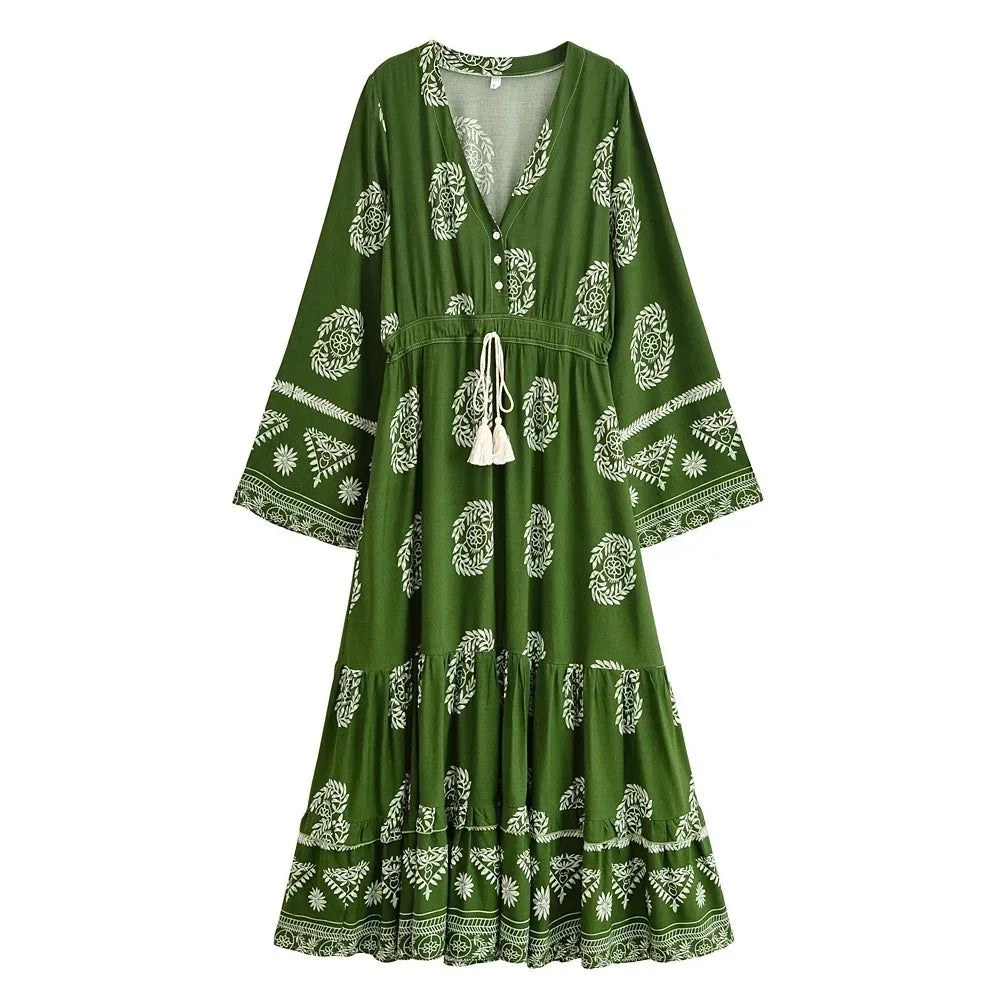 Boho Ethnic Floral Bell-Sleeve Maxi Dress