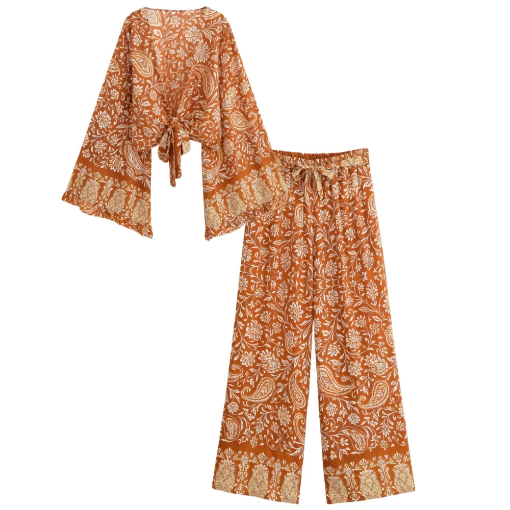 Floral Kimono Boho Set – Wide Leg Pants & Kimono Top