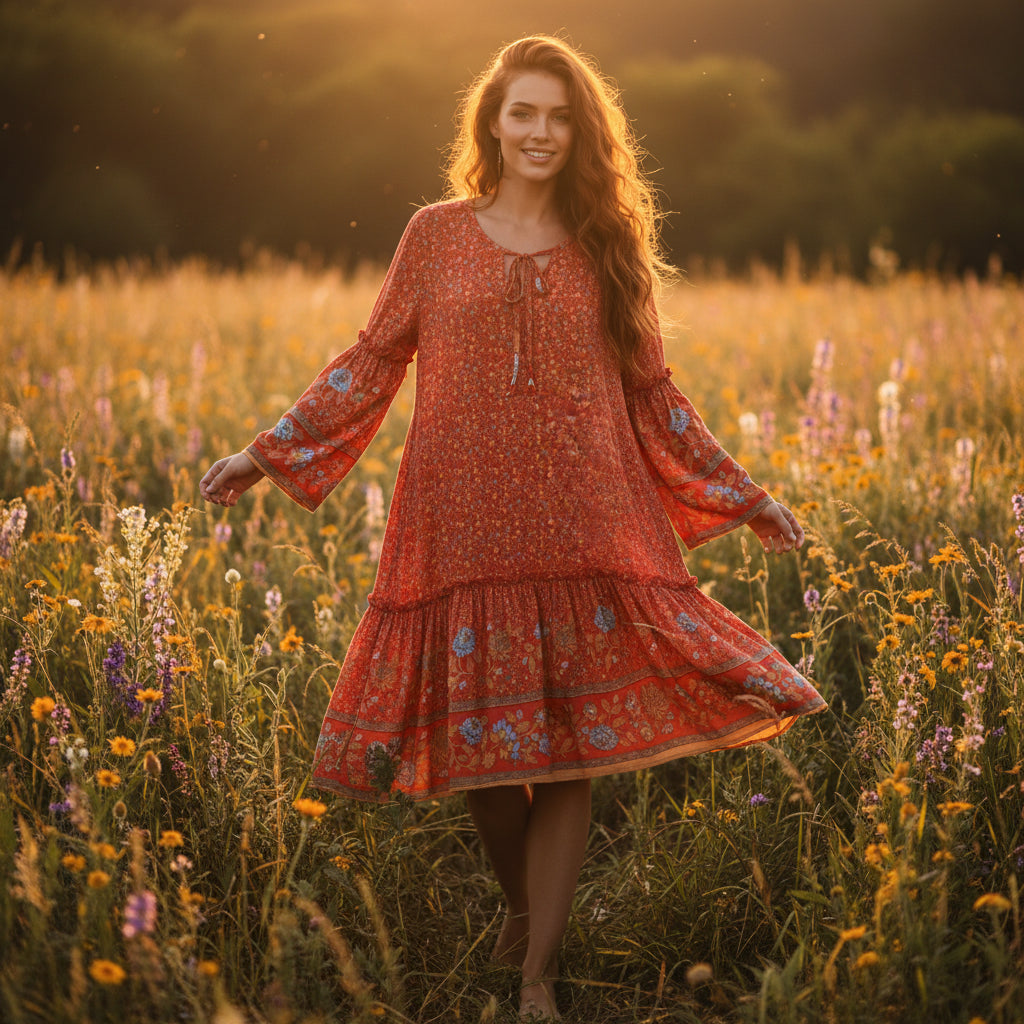Wild Floral Tie-Neck Ruffle Boho Mini Dress