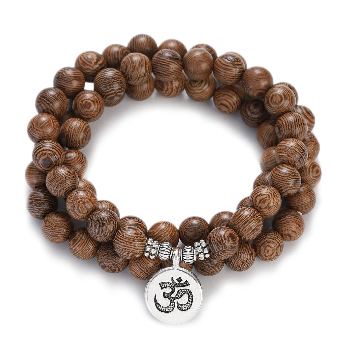 Wood Bead Buddha Om Lotus Charm Bracelet | Tibetan Mala Yoga Bracelet