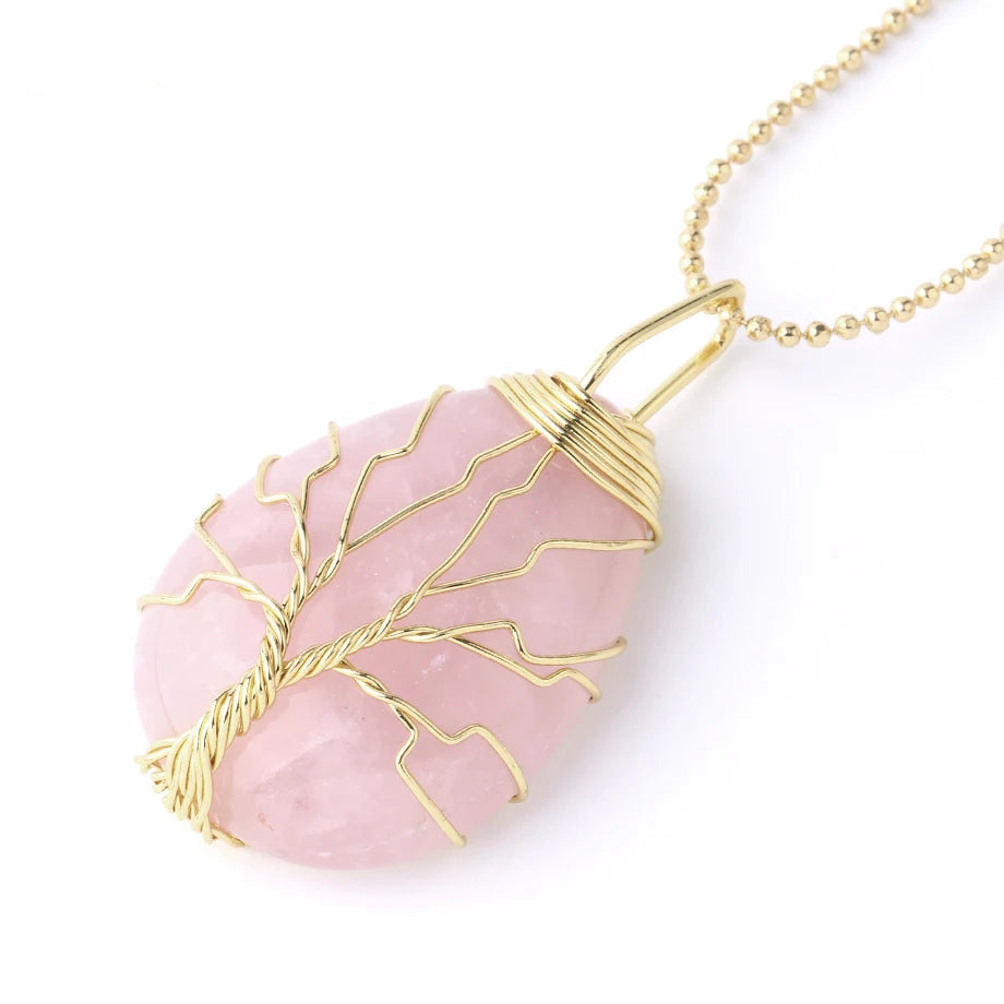 Tree of Life Crystal Necklace — Wire-Wrapped Natural Stone Pendant