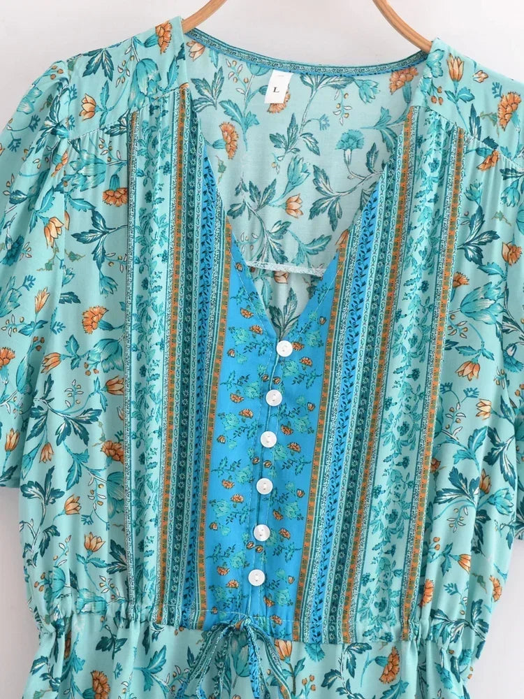 Boho Floral Button V-Neck Ruffle Sleeve Maxi Dress