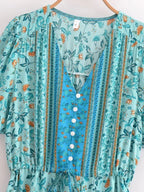 Boho Floral Button V-Neck Ruffle Sleeve Maxi Dress