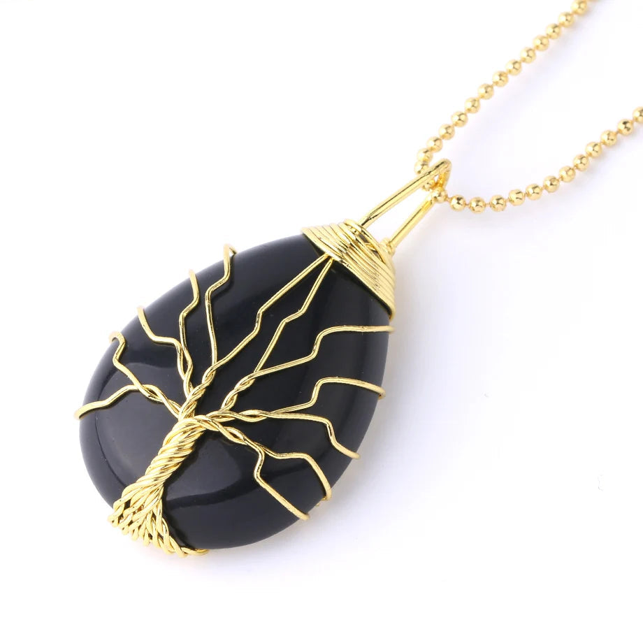 Tree of Life Crystal Necklace — Wire-Wrapped Natural Stone Pendant
