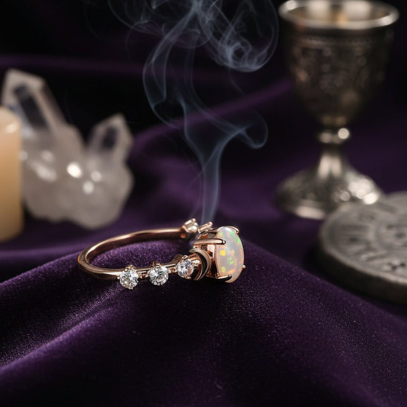 Rainbow White Fire Opal Moon Ring