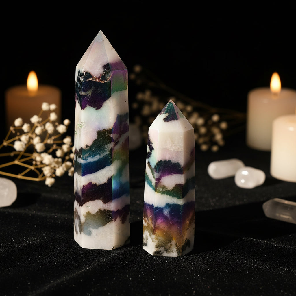Aura Zebra Crystal Point Tower | Black & White Quartz Obelisk