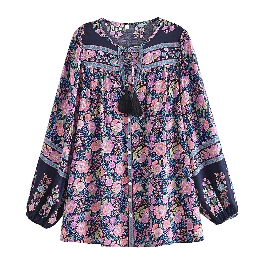 Floral Tassel V-Neck Boho Blouse