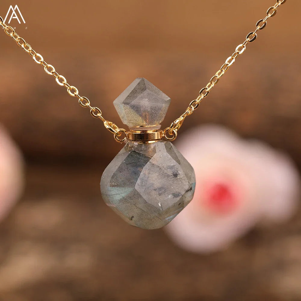 Natural Gemstone Perfume Bottle Pendant Necklace — Crystal Healing Jewelry