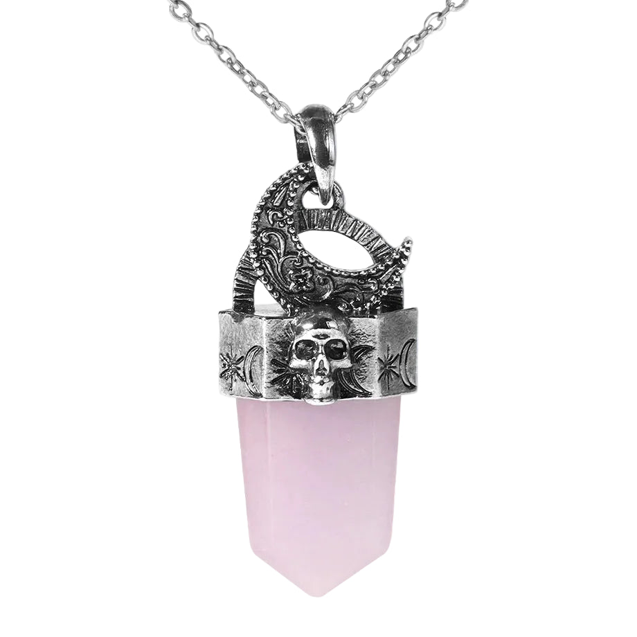 Skull & Crescent Moon Crystal Point Pendant Necklace | Natural Gemstone | Reiki Healing Jewelry