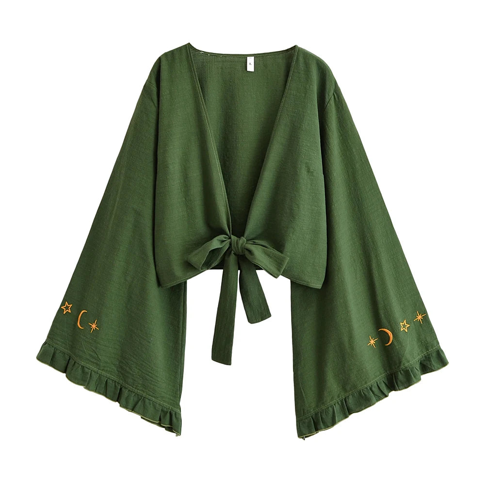 Embroidered Tie-Front Crop Kimono