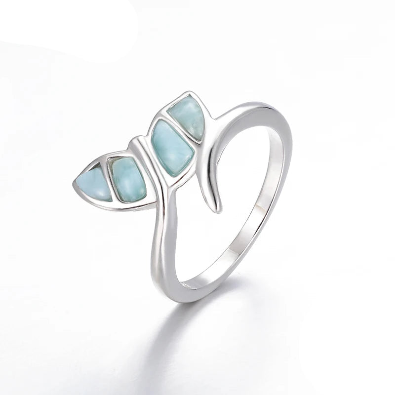 Larimar Leaf Cluster Open Ring in 925 Sterling Silver