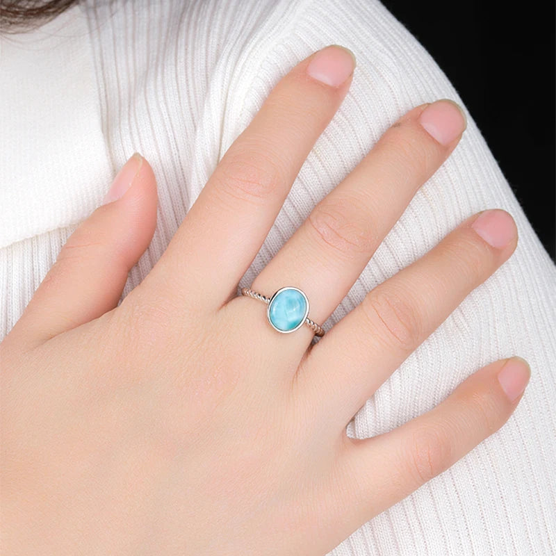 Larimar Oval Ring with Twisted Rope Band, 925 Sterling Silver