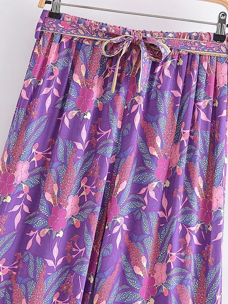 Purple Floral Kimono Boho Set – Wide Leg Pants & Kimono Top