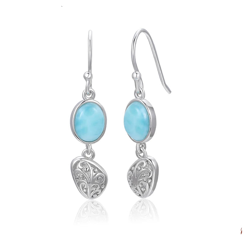 Larimar Oval Engraved Drop Earrings in 925 Sterling Silver