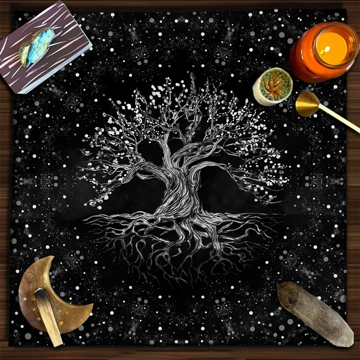 Tree of Life & Moon Phase Altar Cloth – Sacred Geometry Tarot Spread Mat