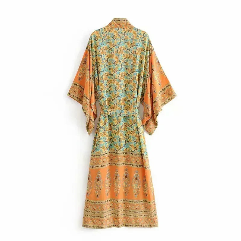 Boho Ethnic Stripe Maxi Kimono Robe with Sash