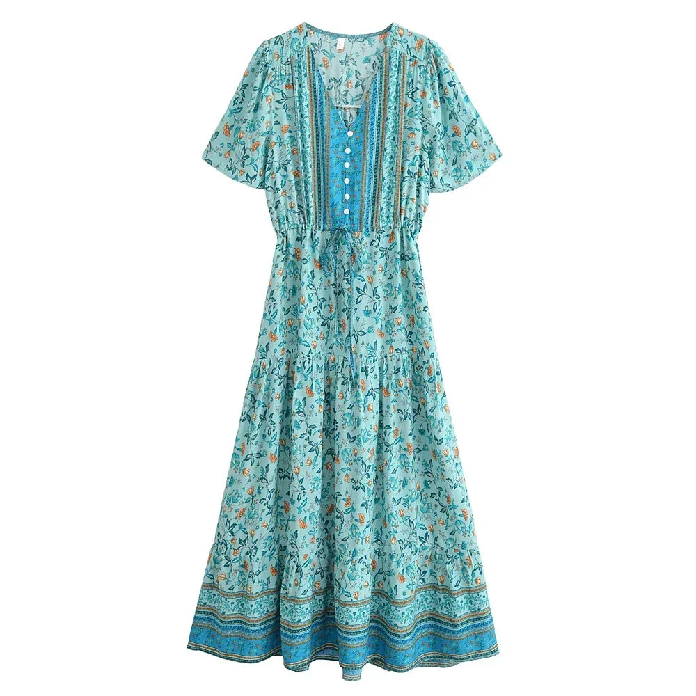 Boho Floral Button V-Neck Ruffle Sleeve Maxi Dress