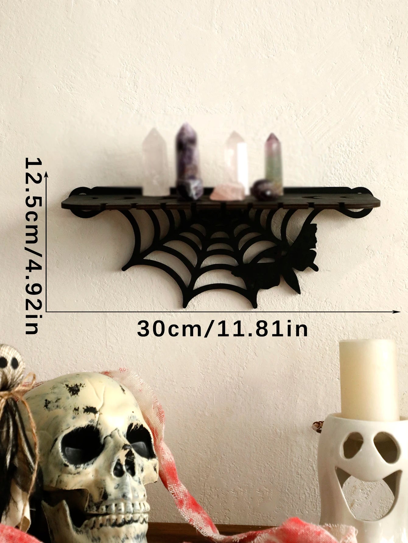 Gothic Bat Wall Shelf – Wooden Moon & Crystal Floating Display