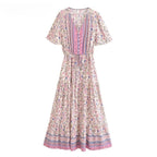 Boho Floral Button V-Neck Ruffle Sleeve Maxi Dress