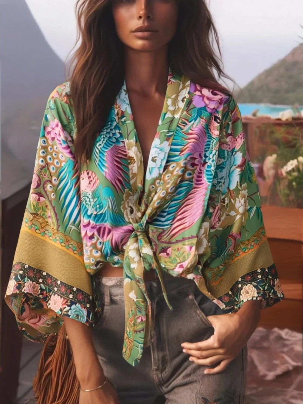 Floral Print Short Kimono with Batwing Sleeves