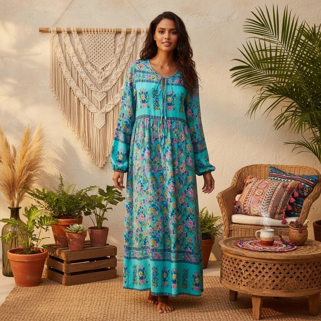 Boho Ethnic Floral Lantern Sleeve Maxi Dress